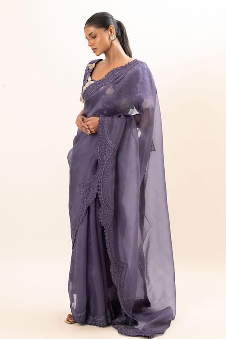 Buy_Oshi By Shikha_Purple Bamboo, Silk Organza Embroidery, Sequins V-neck Saree With Hand Blouse _Online_at_Aza_Fashions