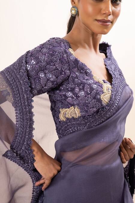 Shop_Oshi By Shikha_Purple Bamboo, Silk Organza Embroidery, Sequins V-neck Saree With Hand Blouse _Online_at_Aza_Fashions