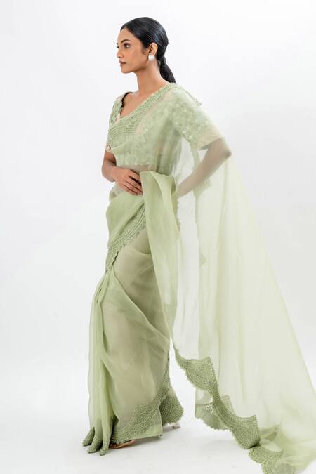 Shop Oshi By Shikha Green Silk Organza, Brocade, Bamboo, Cotton Saree With Floral Hand Blouse Online at Aza Fashions Shop_Oshi By Shikha_Green Silk Organza, Brocade, Bamboo, Cotton Saree With Floral Hand Blouse _Online_at_Aza_Fashions