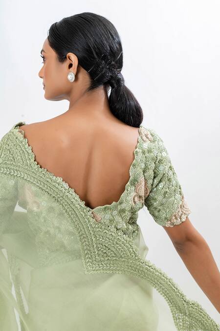 Oshi By Shikha Green Silk Organza, Brocade, Bamboo, Cotton Saree With Floral Hand Blouse at Aza Fashions Oshi By Shikha_Green Silk Organza, Brocade, Bamboo, Cotton Saree With Floral Hand Blouse _at_Aza_Fashions