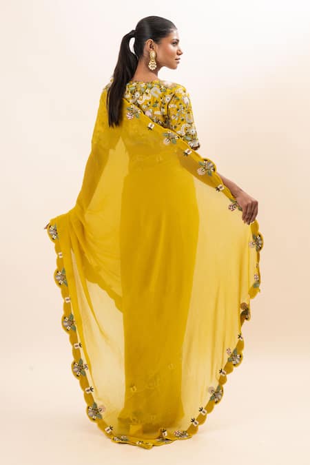 Oshi By Shikha Yellow Chiffon, Silk Embroidery V-neck Saree With Floral Blouse Online at Aza Fashions Oshi By Shikha_Yellow Chiffon, Silk Embroidery V-neck Saree With Floral Blouse _Online_at_Aza_Fashions