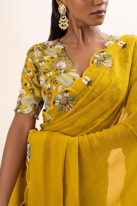 Buy Oshi By Shikha Yellow Chiffon, Silk Embroidery V-neck Saree With Floral Blouse Online at Aza Fashions Buy_Oshi By Shikha_Yellow Chiffon, Silk Embroidery V-neck Saree With Floral Blouse _Online_at_Aza_Fashions