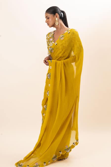 Shop Oshi By Shikha Yellow Chiffon, Silk Embroidery V-neck Saree With Floral Blouse Online at Aza Fashions Shop_Oshi By Shikha_Yellow Chiffon, Silk Embroidery V-neck Saree With Floral Blouse _Online_at_Aza_Fashions
