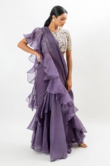 Oshi By Shikha Purple Chiffon, Silk Organza Pre-draped Ruffle Saree With Embroidered Blouse