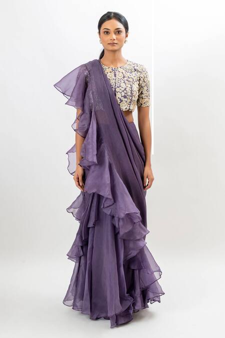 Oshi By Shikha_Purple Chiffon, Silk Organza Pre-draped Ruffle Saree With Embroidered Blouse_Online_at_Aza_Fashions