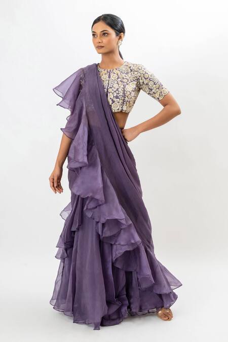 Buy_Oshi By Shikha_Purple Chiffon, Silk Organza Pre-draped Ruffle Saree With Embroidered Blouse_Online_at_Aza_Fashions