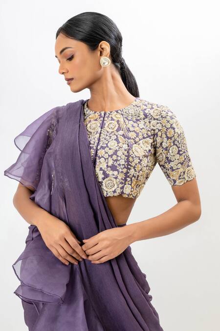 Shop_Oshi By Shikha_Purple Chiffon, Silk Organza Pre-draped Ruffle Saree With Embroidered Blouse_Online_at_Aza_Fashions