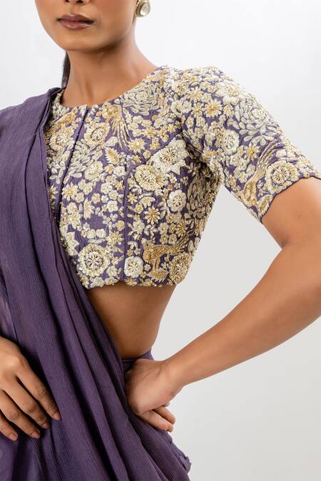 Oshi By Shikha_Purple Chiffon, Silk Organza Pre-draped Ruffle Saree With Embroidered Blouse_at_Aza_Fashions