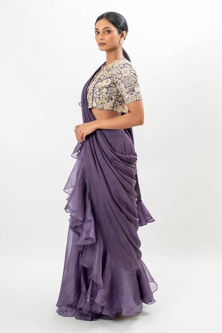 Buy_Oshi By Shikha_Purple Chiffon, Silk Organza Pre-draped Ruffle Saree With Embroidered Blouse