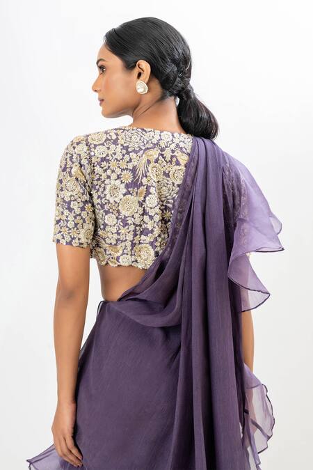 Shop_Oshi By Shikha_Purple Chiffon, Silk Organza Pre-draped Ruffle Saree With Embroidered Blouse