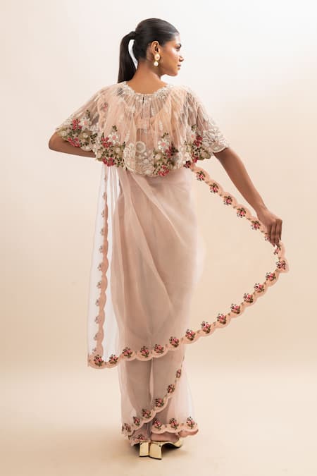 Oshi By Shikha Floral Embroidered Capelet Saree Set 