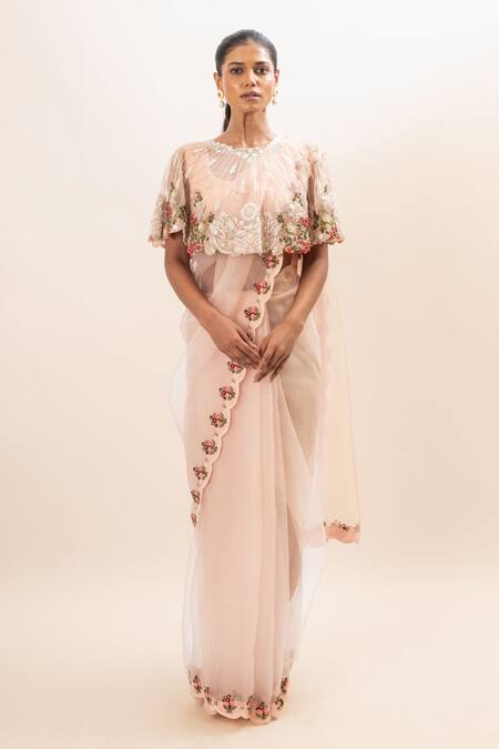 Buy_Oshi By Shikha_Pink Silk Organza, Cotton, Lycra Pearls Floral Embroidered Capelet Saree Set _Online_at_Aza_Fashions