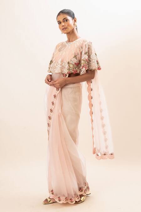 Shop_Oshi By Shikha_Pink Silk Organza, Cotton, Lycra Pearls Floral Embroidered Capelet Saree Set _Online_at_Aza_Fashions