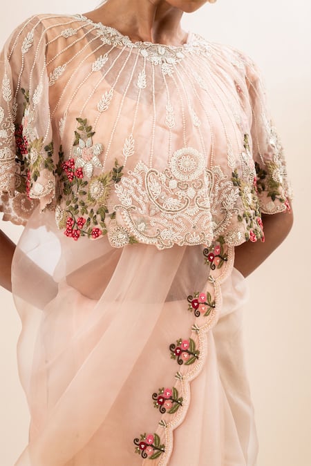Oshi By Shikha_Pink Silk Organza, Cotton, Lycra Pearls Floral Embroidered Capelet Saree Set _at_Aza_Fashions