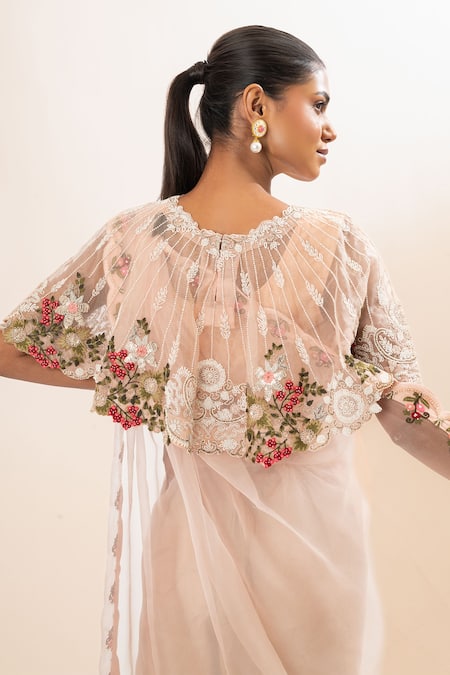 Buy_Oshi By Shikha_Pink Silk Organza, Cotton, Lycra Pearls Floral Embroidered Capelet Saree Set 