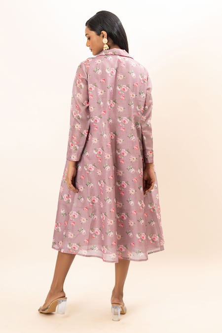 Shop Oshi By Shikha Purple Kota Doria, Chanderi, Cotton Embroidery Floral Print Jacket With Dress at Aza Fashions Shop_Oshi By Shikha_Purple Kota Doria, Chanderi, Cotton Embroidery Floral Print Jacket With Dress_at_Aza_Fashions