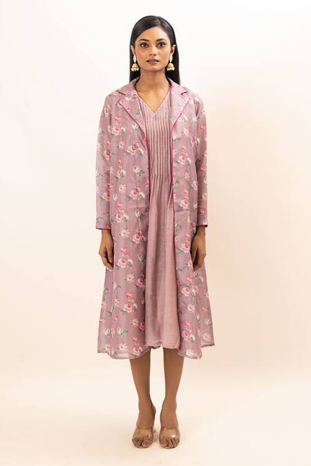Oshi By Shikha Purple Kota Doria, Chanderi, Cotton Embroidery Floral Print Jacket With Dress Online at Aza Fashions Oshi By Shikha_Purple Kota Doria, Chanderi, Cotton Embroidery Floral Print Jacket With Dress_Online_at_Aza_Fashions