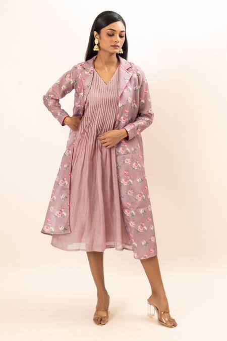 Buy Oshi By Shikha Purple Kota Doria, Chanderi, Cotton Embroidery Floral Print Jacket With Dress Online at Aza Fashions Buy_Oshi By Shikha_Purple Kota Doria, Chanderi, Cotton Embroidery Floral Print Jacket With Dress_Online_at_Aza_Fashions