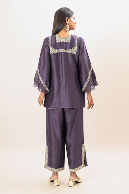 Oshi By Shikha Purple Bamboo, Cotton Embroidery Round Neck Bodice Short Kurta With Pant Online at Aza Fashions Oshi By Shikha_Purple Bamboo, Cotton Embroidery Round Neck Bodice Short Kurta With Pant _Online_at_Aza_Fashions
