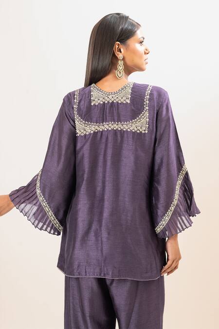 Buy Oshi By Shikha Purple Bamboo, Cotton Embroidery Round Neck Bodice Short Kurta With Pant Online at Aza Fashions Buy_Oshi By Shikha_Purple Bamboo, Cotton Embroidery Round Neck Bodice Short Kurta With Pant _Online_at_Aza_Fashions