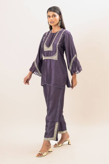 Shop Oshi By Shikha Purple Bamboo, Cotton Embroidery Round Neck Bodice Short Kurta With Pant Online at Aza Fashions Shop_Oshi By Shikha_Purple Bamboo, Cotton Embroidery Round Neck Bodice Short Kurta With Pant _Online_at_Aza_Fashions
