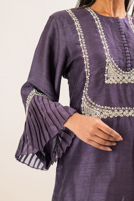 Oshi By Shikha Purple Bamboo, Cotton Embroidery Round Neck Bodice Short Kurta With Pant at Aza Fashions Oshi By Shikha_Purple Bamboo, Cotton Embroidery Round Neck Bodice Short Kurta With Pant _at_Aza_Fashions