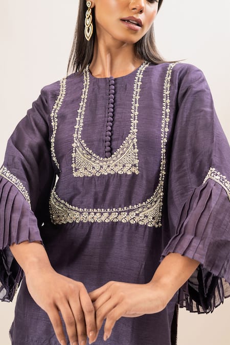 Buy Oshi By Shikha Purple Bamboo, Cotton Embroidery Round Neck Bodice Short Kurta With Pant Buy_Oshi By Shikha_Purple Bamboo, Cotton Embroidery Round Neck Bodice Short Kurta With Pant