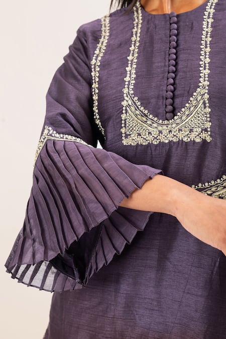 Shop Oshi By Shikha Purple Bamboo, Cotton Embroidery Round Neck Bodice Short Kurta With Pant Shop_Oshi By Shikha_Purple Bamboo, Cotton Embroidery Round Neck Bodice Short Kurta With Pant
