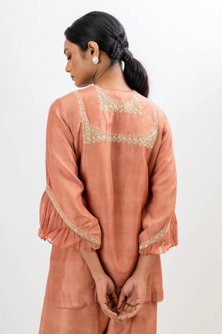 Shop_Oshi By Shikha_Pink Bamboo, Cotton Embroidery Round Neck Floral Bodice Short Kurta With Pant _Online_at_Aza_Fashions