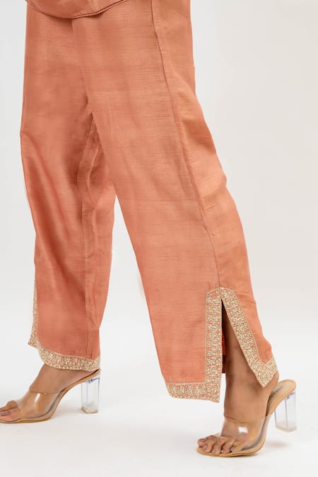 Buy_Oshi By Shikha_Pink Bamboo, Cotton Embroidery Round Neck Floral Bodice Short Kurta With Pant 