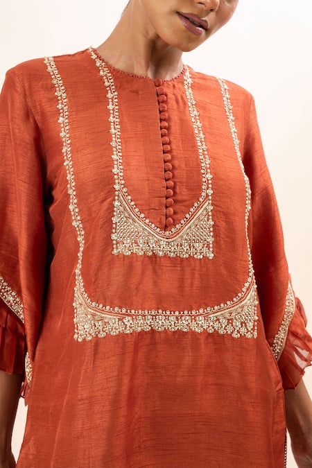 Buy Oshi By Shikha Orange Bamboo, Cotton Embroidery Round Neck Flower Bodice Short Kurta With Pant Buy_Oshi By Shikha_Orange Bamboo, Cotton Embroidery Round Neck Flower Bodice Short Kurta With Pant