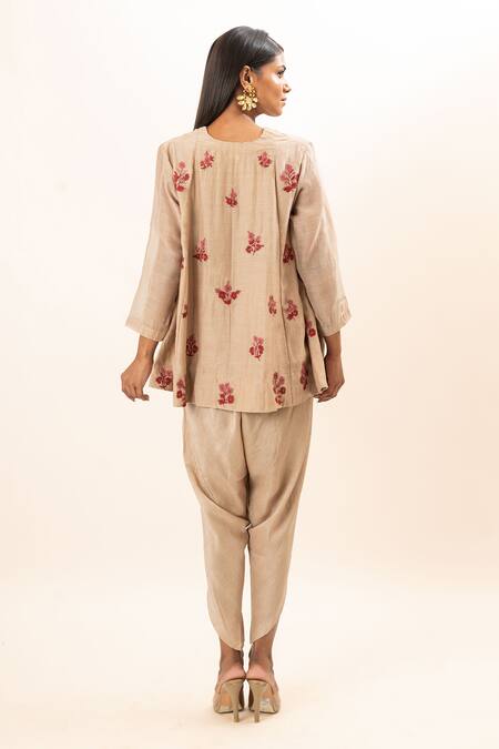 Shop Oshi By Shikha Beige Chanderi, Cotton, Bamboo Embroidery V-neck Floral Tunic And Dhoti Pant Set at Aza Fashions Shop_Oshi By Shikha_Beige Chanderi, Cotton, Bamboo Embroidery V-neck Floral Tunic And Dhoti Pant Set_at_Aza_Fashions