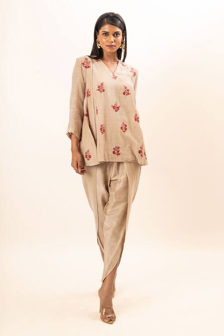 Buy Oshi By Shikha Beige Chanderi, Cotton, Bamboo Embroidery V-neck Floral Tunic And Dhoti Pant Set Online at Aza Fashions Buy_Oshi By Shikha_Beige Chanderi, Cotton, Bamboo Embroidery V-neck Floral Tunic And Dhoti Pant Set_Online_at_Aza_Fashions