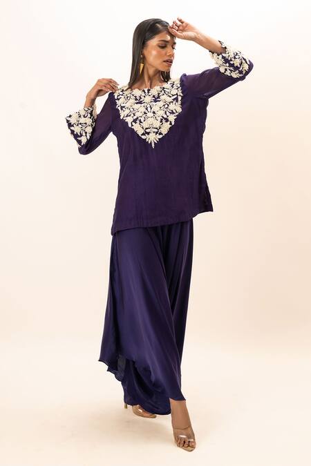 Buy Purple Chanderi, Modal, Cotton, Satin Floral Yoke Kurta