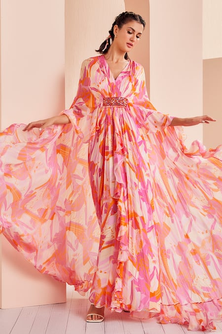 Mandira Wirk - Indian_Red Chiffon Tassels, Embroidery V-neck Abstract Print Asymmetric Kaftan _Online_at_Aza_Fashions