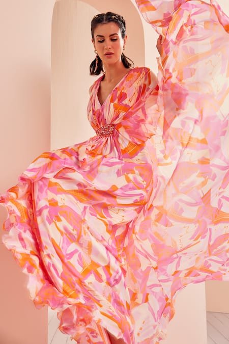 Buy_Mandira Wirk - Indian_Red Chiffon Tassels, Embroidery V-neck Abstract Print Asymmetric Kaftan _Online_at_Aza_Fashions