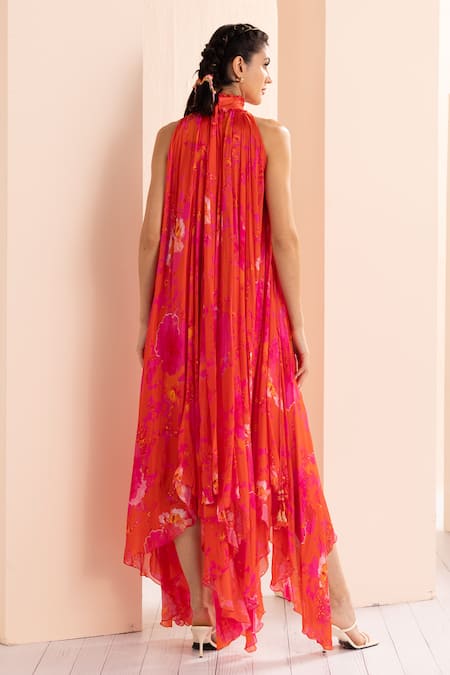Mandira Wirk - Indian_Orange Chiffon Embroidery, Mirrors High Neck Floral Print High-low Dress _Online_at_Aza_Fashions