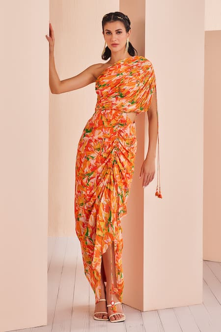 Mandira Wirk Orange Chiffon Printed Abstract One Shoulder Dress