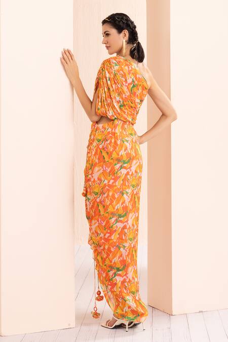 Mandira Wirk - Indian_Orange Chiffon One Shoulder Abstract Print Dress _Online_at_Aza_Fashions