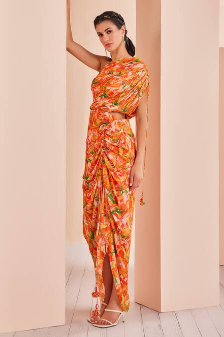 Buy_Mandira Wirk - Indian_Orange Chiffon One Shoulder Abstract Print Dress _Online_at_Aza_Fashions