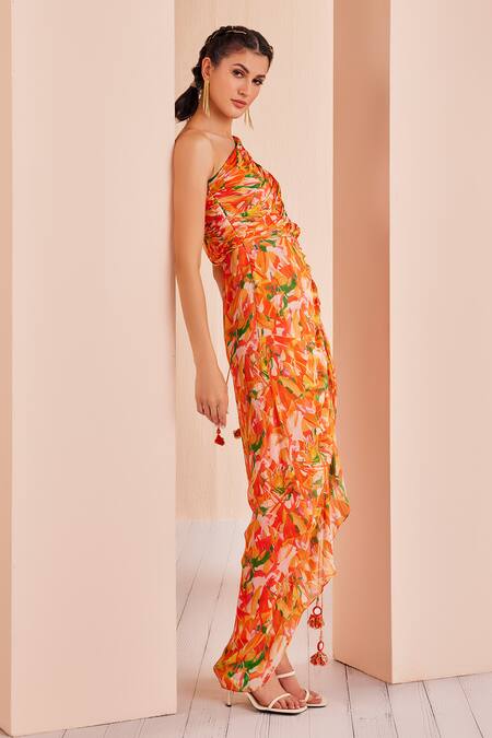Shop_Mandira Wirk - Indian_Orange Chiffon One Shoulder Abstract Print Dress _Online_at_Aza_Fashions