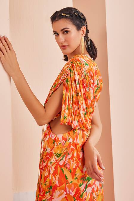Mandira Wirk - Indian_Orange Chiffon One Shoulder Abstract Print Dress _at_Aza_Fashions
