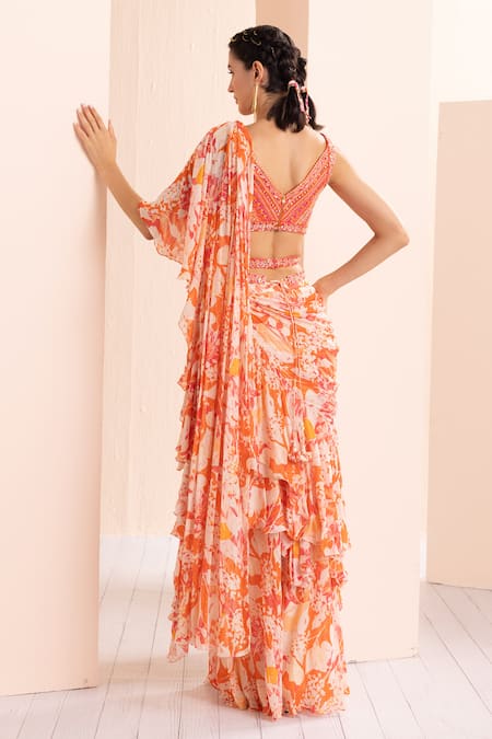 Mandira Wirk - Indian Abstract Print Pre-Draped Saree With Embroidered Blouse 