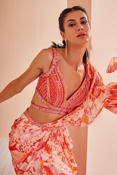 Mandira Wirk - Indian Red Georgette, Satin, Net Abstract Print Pre-draped Saree With Blouse Online at Aza Fashions Mandira Wirk - Indian_Red Georgette, Satin, Net Abstract Print Pre-draped Saree With Blouse _Online_at_Aza_Fashions