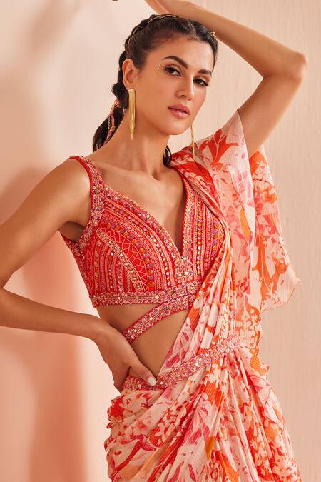 Shop Mandira Wirk - Indian Red Georgette, Satin, Net Abstract Print Pre-draped Saree With Blouse Online at Aza Fashions Shop_Mandira Wirk - Indian_Red Georgette, Satin, Net Abstract Print Pre-draped Saree With Blouse _Online_at_Aza_Fashions