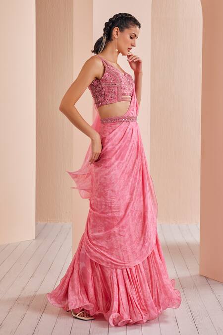 Mandira Wirk - Indian Pink Net, Chiffon, Crepe Cut Abstract Print Pre-draped Saree With Cutwork Blouse Online at Aza Fashions Mandira Wirk - Indian_Pink Net, Chiffon, Crepe Cut Abstract Print Pre-draped Saree With Cutwork Blouse _Online_at_Aza_Fashions