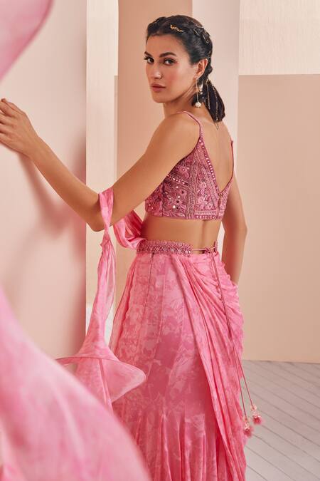 Shop Mandira Wirk - Indian Pink Net, Chiffon, Crepe Cut Abstract Print Pre-draped Saree With Cutwork Blouse Online at Aza Fashions Shop_Mandira Wirk - Indian_Pink Net, Chiffon, Crepe Cut Abstract Print Pre-draped Saree With Cutwork Blouse _Online_at_Aza_Fashions