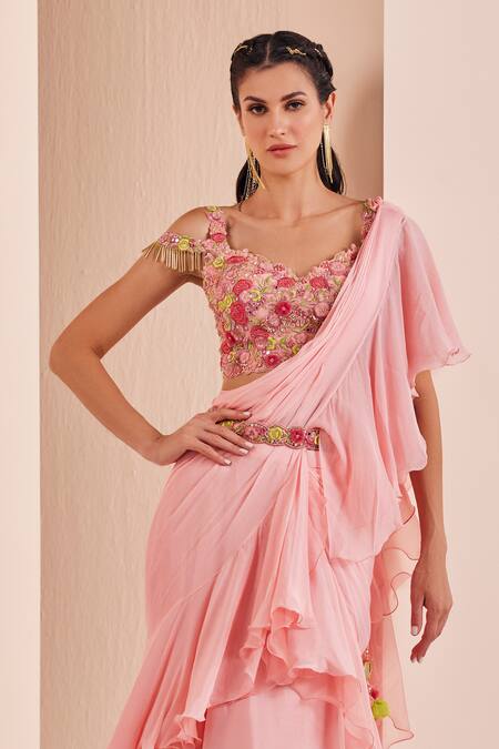 Mandira Wirk - Indian_Pink Net, Chiffon, Crepe Embroidery, Mirrors Pre-draped Saree With Blouse _Online_at_Aza_Fashions