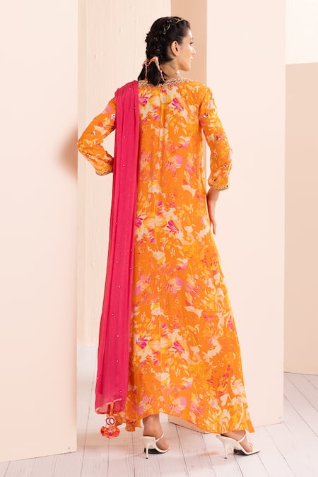 Mandira Wirk - Indian_Orange Chiffon, Viscose, Crepe Tassels, Abstract Print Tunic Dhoti Pant Set _Online_at_Aza_Fashions