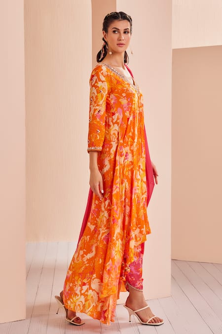 Buy_Mandira Wirk - Indian_Orange Chiffon, Viscose, Crepe Tassels, Abstract Print Tunic Dhoti Pant Set _Online_at_Aza_Fashions